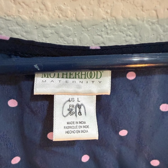 Motherhood Maternity Polka Dot Top Navy Pink Blouse - Size L w/ Tie Short Sleeve - Picture 3 of 3